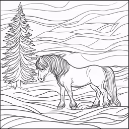 an adult horse with a long mane standing on a snowy slope