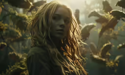 a beautiful blond woman standing in the middle of a forest