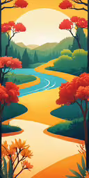 illustration of red trees and yellow stream with blue water,this illustration depicts a flowing creek with red trees in the background