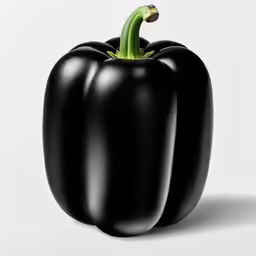 three large black peppers on white with green stems