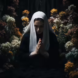 a woman in black with white veil praying surrounded by flowers