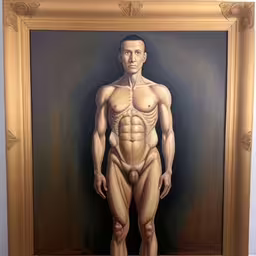 painting of muscular man in gold frame next to painting of black and white man,this is an image of a male body painting
