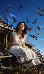 the woman sits on the steps and is surrounded by birds