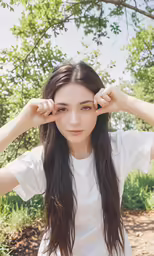a woman with long brown hair holding her head up to her face