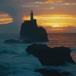 the lighthouse is at the edge of an ocean