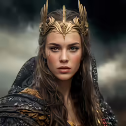 a woman wearing a gold crown with horns