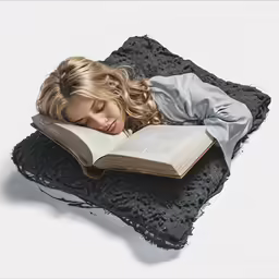 a woman laying on top of a table with a book in her hand