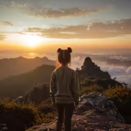 a person stands on a rocky cliff with the sun setting in the background