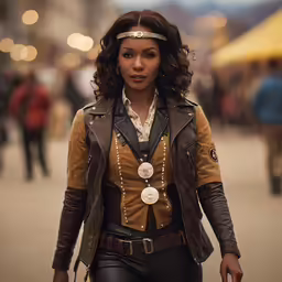 a woman walking down a busy street dressed in leather