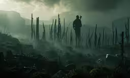 a silhouetted soldier is walking through a foggy landscape