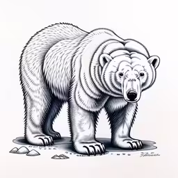 the drawing depicts an image of a large bear,the bear is standing in the snow covered ground
