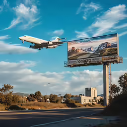 a plane flying past the mountains on a billboard