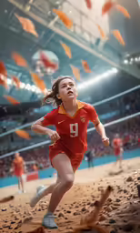 a woman is running in the sand inside of an arena
