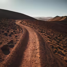 there is a dirt road winding up to the mountain
