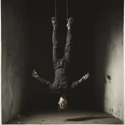 an upside down man is suspended from a chain