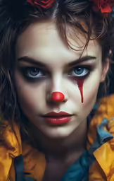 a woman with red nose and clown makeup
