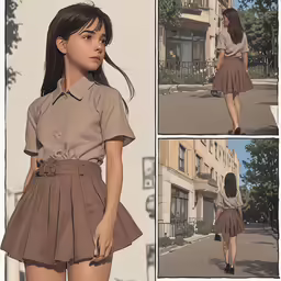an animated woman walking down a street with a beige shirt dress