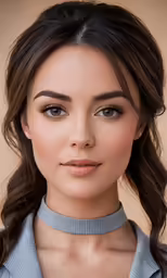 the woman in this collared shirt looks down while wearing a silver necklace