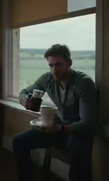 the man is sitting at the window with a coffee
