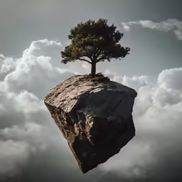 a lone tree on a rock in the middle of clouds