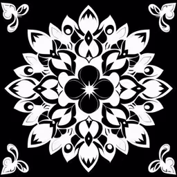 a black and white pattern with leaves,a white floral pattern on black background,an elegant, ornate, black and white ornamental design,a white and black flower is on a black background,a white circular design on black background