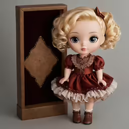 a toy doll is posed next to a cabinet