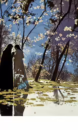 two women in white dresses are near trees with white flowers