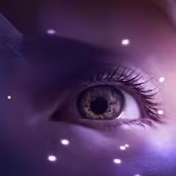 an eye with bright stars in the background