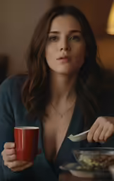 the woman has a cup of coffee and holds her spoon