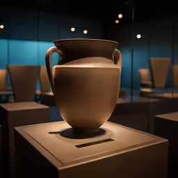 a brown vase sitting on top of a table next to chairs