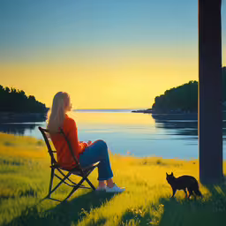 woman and cat sitting on a chair looking out to the water,a woman sitting on a chair with a cat on the grass next to her