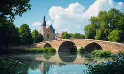 a bridge crossing over a river with some stone bridges