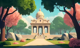 a digital painting of trees and a monument
