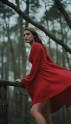 woman in a red dress leaning on a tree branch