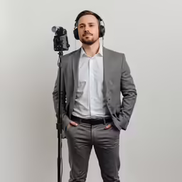 a man is posing for a photo with a microphone