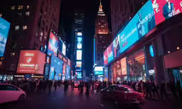 cars and pedestrians on a busy city street at night