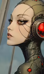 a painting of a woman with headphones on