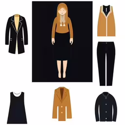 a womens business suit with different types of items on it,an illustration of the paper model of clothing