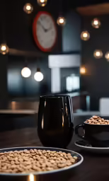 the table is set with two black coffee mugs, an ashtray and plates of food
