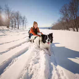 a woman is walking her dog through the snow