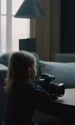 a child at a table with a camera