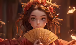 a young lady with a crown holding a fan