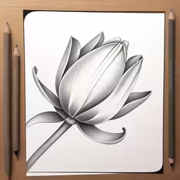 the drawing shows an artistic lotus flower,a black and white drawing of a flower,black and white illustration of a lotus flower,a drawing with colored pencils and an image of a flower,a drawing of a flower with two sharp pencils beside it