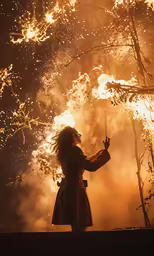 a young girl is pointing something in front of a fire