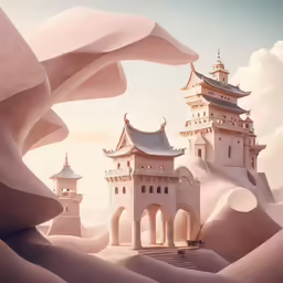 a castle surrounded by sand dunes and mountains