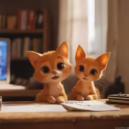 two cats are sitting on the desk next to the computer