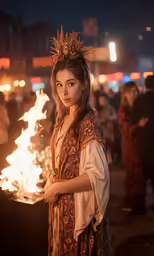 woman in dress standing by flames on busy street at night
