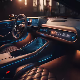 the inside of an automobile at night in the city