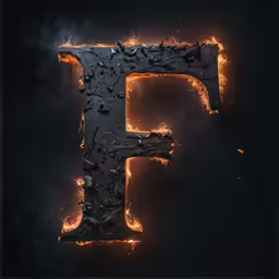 flamed letter p in black on a dark background
