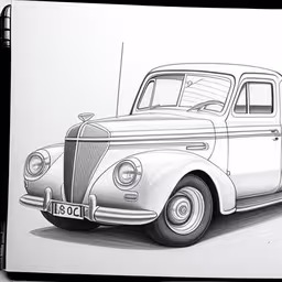 a drawing of a white car sitting in a parking lot,a sketch of a black and white image of a classic car